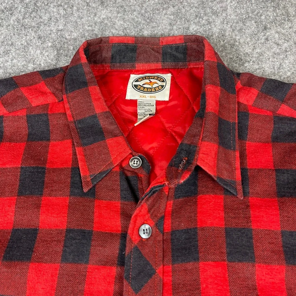 Midwest Traders Flannel Shirt Jacket Mens XXL Red Black Buffalo Plaid Quilted
